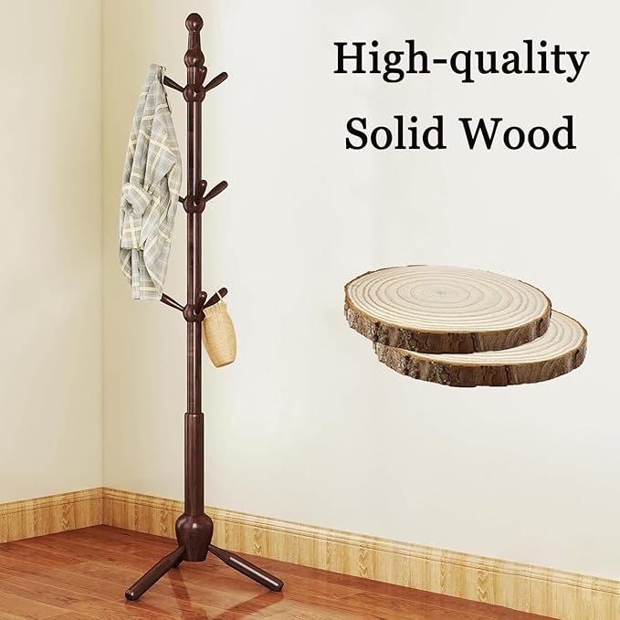 Solid Wood Coat Rack Stand, Vintage Heavy Duty Coat Hanger Stand with 9 Hooks, 3 Adjustable Size Sturdy Coat Tree for Living Room, Entryway, Office, Hallway, Brown