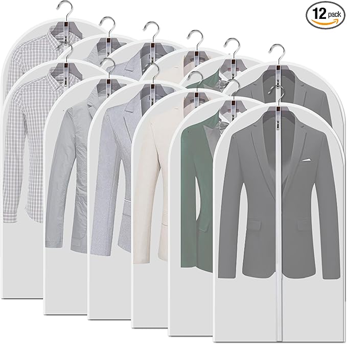 Hanging Garment Bags 12 Piece Set - 40 Inch Translucent Dust Proof Clothes Bag White Breathable Full Zipper Dust Cover for SuitTops Shirts Sports Jackets.