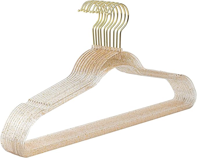 Clear Acrylic Plastic Hangers for Clothes for Adult Closet Heavy Duty Hangers Space Saving 360 Degree Swivel Hook and Notches (50, Gold/Gold Glitter)