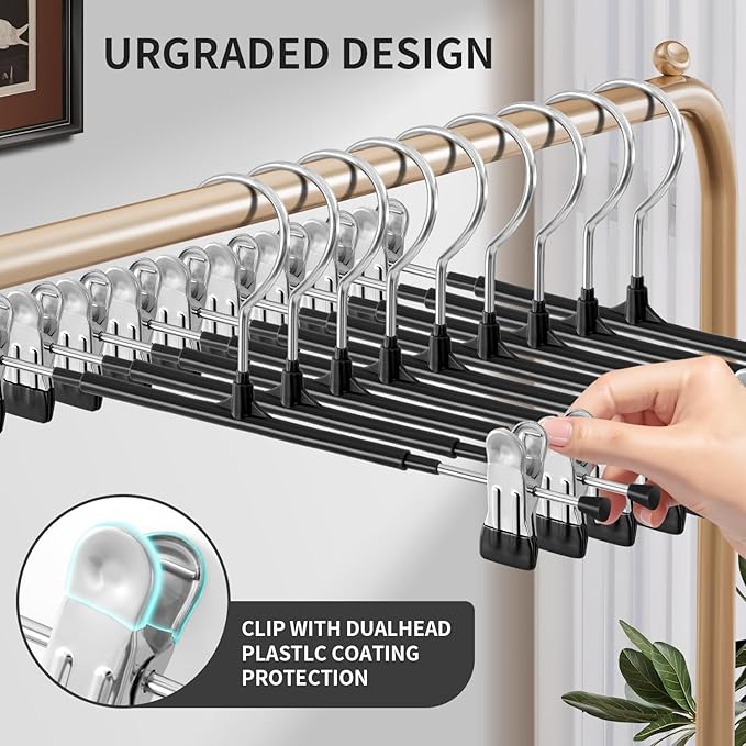 HUADYMEET 16 Inch Extended-Length Pants Skirt Hangers Non-Slip,50 Pack Adjustable Jeans Trousers Shorts Metal Clothes Hangers with Clips for Men Women, Strong Durable Heavy Duty Space Saving(Black)