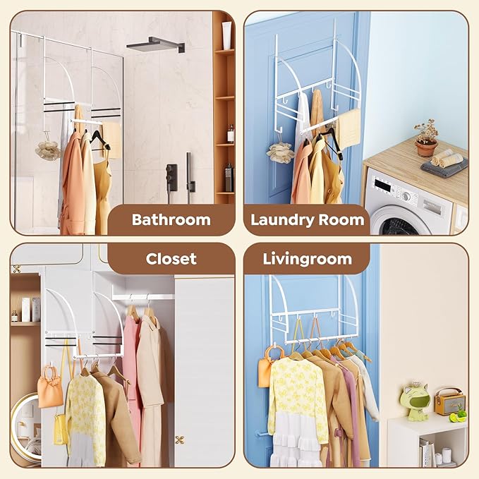 Over The Door Clothes Hanger Drying Rack, Over Door Drying Rack Hooks for Hanging Towels, Coats & Clothes, Door Hanger Organizer Storage for Bathroom Bedroom Laundry Dorms Washroom (White)