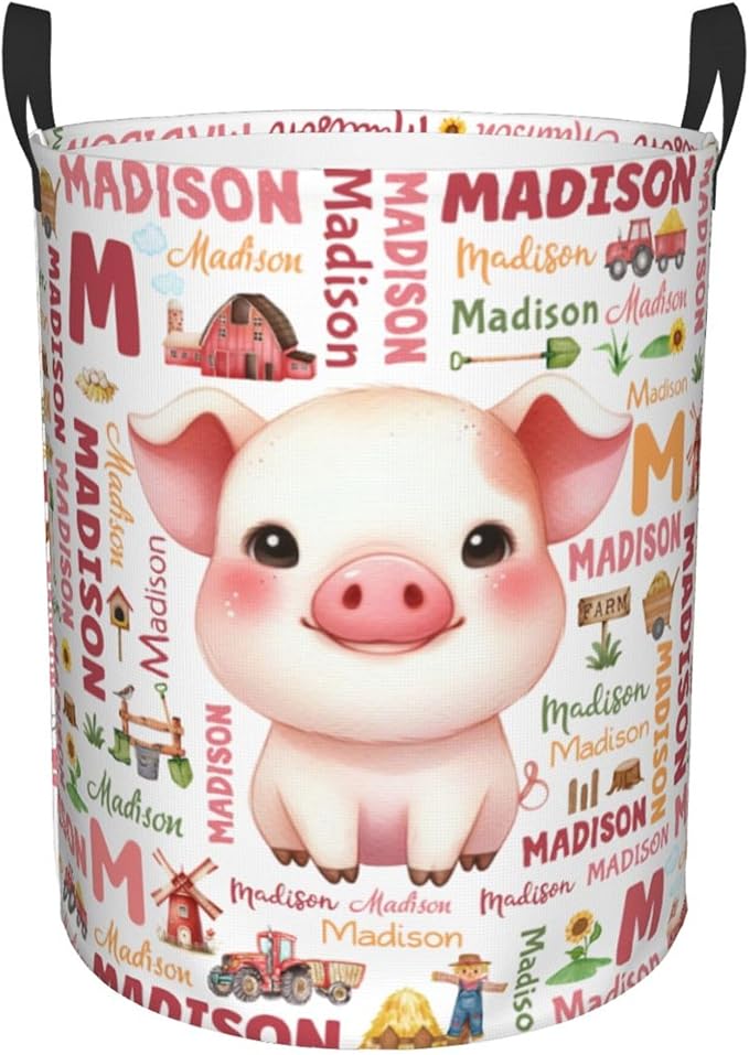 Personalized Farm Pig Laundry Basket For Baby Kids Boys Girls Adult Custom Hamper Basket With Name For Bathroom Bedrooms Collapsible Baby Laundry Basket, Dirty Clothes Hamper With Handles