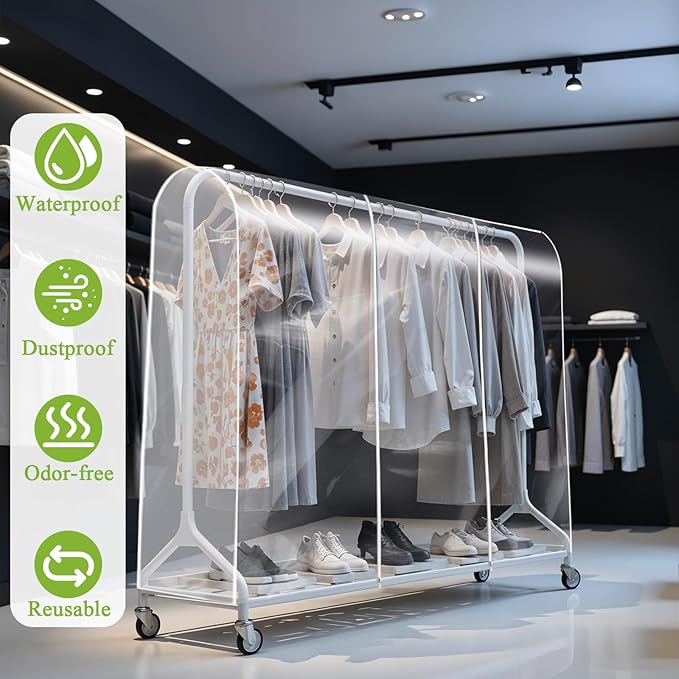simarro 6Ft Clear Clothes Rack Cover, 71"L x 20" W x 60"H Garment Rack Cover With 2 Durable Zipper Waterproof Protectors for Garment Rack(Rack Not Included)