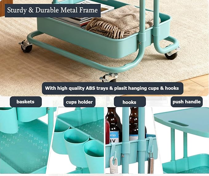 3 Tier Rolling Cart with Table Top Small Storage Utility Cart on Wheels School Offices Supplies Mobile Cart with 3 Organizer Cups, Metal Frame w/Plasitc Trays(Teal)