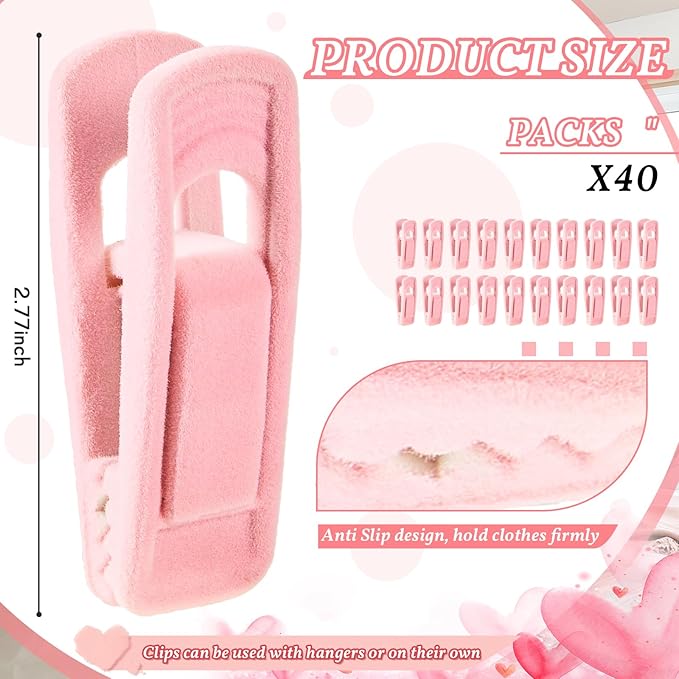 Tessco for you 40 Sets Pink Velvet Heart Hangers with Clips Non Slip Flocked Felt Heart Clothes Hangers 360° Degree Swivel Hook Space Saving Cute Drying Rack for Closet Space Saving Room Decor
