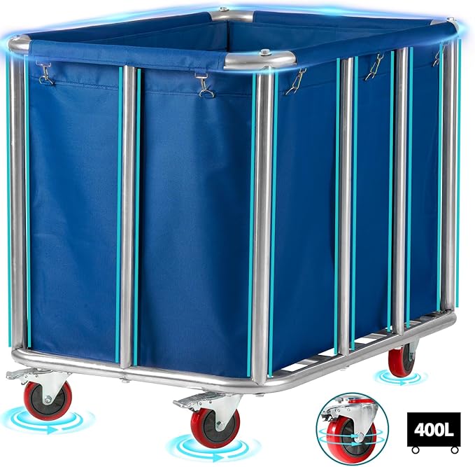 Commercial Laundry Cart with Wheels Heavy Duty Rolling Laundry Cart Large Laundry Baskets on Wheels with Stainless Steel Frame, 11.35 Bushel, 330LBS Load, 10 Tubes