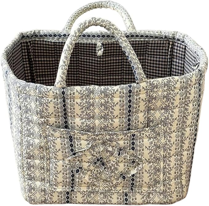 Floral Fabric Storage Basket Car Interior Storage Basket Underwear Sundries Laundry Baskets Supplies Home Organizer Bag (Lace Blue)