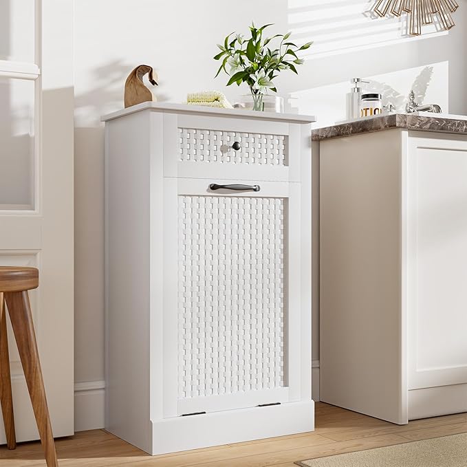 Tilt Out Laundry Hamper Cabinet, Rattan-Style Laundry Room Organization with Removable Laundry Basket, Hidden Wood Dirty Clothes Hamper with Drawer, 21.6" L x 13" W x 35.8" H, White