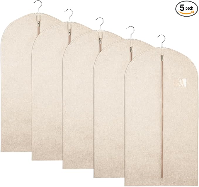 5 Pack Plastic Garment Bags for Hanging Clothes, 24 x 40 Inch Breathable Canvas Suit Bags Linen Hanging Suit Cover for Closet Storage Short Dresses Suits Gowns Travel Garment Cover