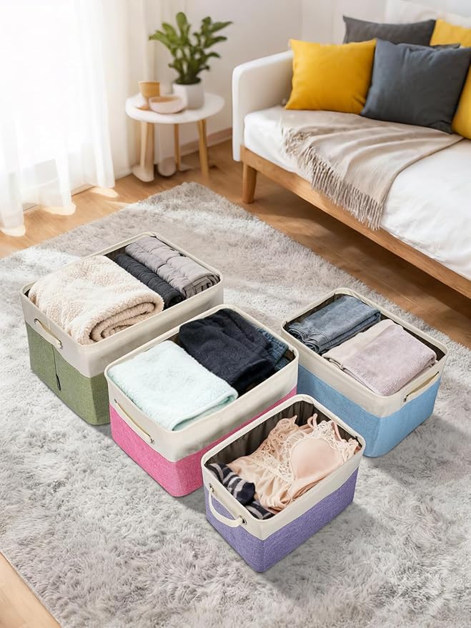 BALEINE 3 Pack Fabric Storage Bins for Shelves, Linen Storage Baskets for Organizing, Decorative Closet Bins for Clothes, Home (Pink, 14''x10''x8.5')