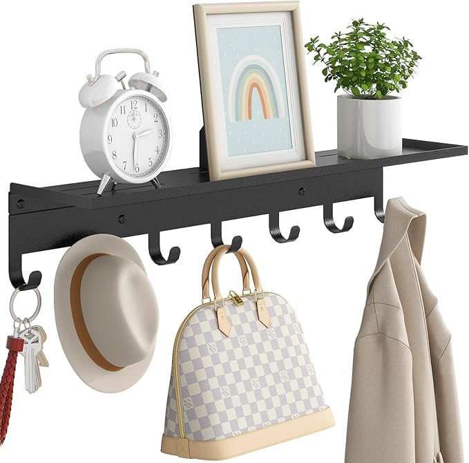 Wall Shelf with 7 Hooks, 23 Inch Entryway Coat Rack Wall Mounted, Metal Coat Hanger with Shelf Storage Clothes, Bags, Purse for Living Room, Balcony, Closet, Black