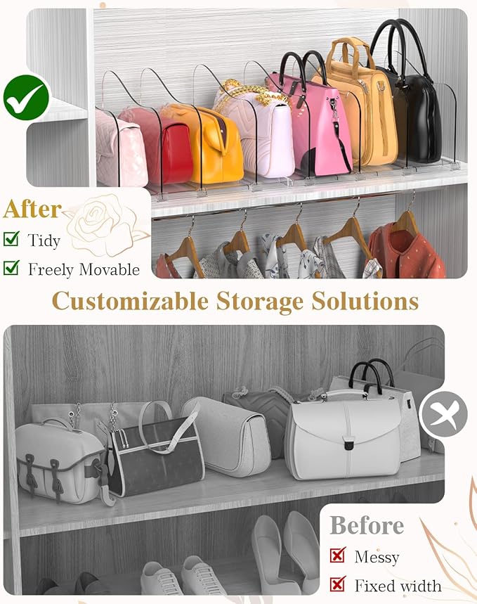 Rose Purse Dividers for Closet, 2 Pack Clear Clutch Purse Closet Organizers, Adjustable Handbag Storage Organizers, Plastic Bookshelf Separator Dividers for Bedroom Office