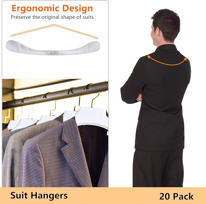 DEDU Suit Hangers for Men 20 Pack, Extra Wide Suit Hanger Non Slip Width 17.7", Thick Plastic Coat Hangers White with Metal Hook