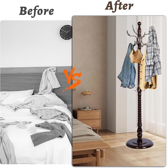 Wooden Coat Rack Freestanding with Resin Hooks, Adjustable Heavy Duty Stand for Hanging Coats, Bags, Hats, and Umbrellas in Living Room, Bedroom, Entryway (Rosewood-Metal Hook)