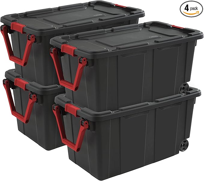 Sterilite 4-Pack Industrial Tote, Heavy-Duty Storage Bins w/Lids and Wheels, 40 Gallon - Stackable Organizing Containers for Home, Garage, Office, and Basement