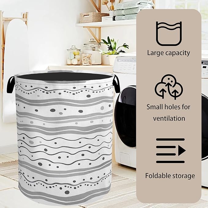 Grey Lines Laundry Basket - Heavy Duty 60L Dirty Clothes Organizer, Water Resistant Foldable Hamper for Men Women
