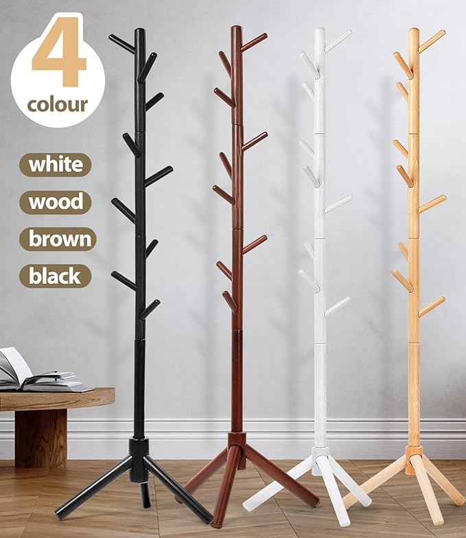 Beech Wood Coat Rack Stand with 9 Hooks, 3 Height Adjustable, simple Freestanding Solid Wooden Coat Tree Hanger for Clothes, Hats, Scarves, bags, Jackets, Bedroom, livingromm, Office(Brown)