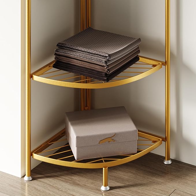 corner coat rack,corner hall tree with 6 hooks and storage shelf,gold clothing rack,Freestanding garment rack,metal corner clothes rack for Hallway, Entryway, Bedroom