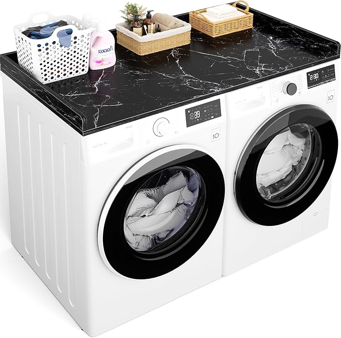 Aheaplus Washer and Dryer Countertop, Laundry Room Organization with Non-Slip Pads, Wood Shelf Topper with Round Corner Edge Rails, Folding Organizer for Laundry, 54" W x 27.5" D, Black Marble