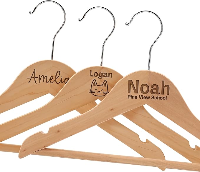 Personalized Baby Hangers with Name, Engraved Kids Hanger with Pants Bar for Children & Toddler Shirt Coat Holder with 360° Rotatable Hook, Closet Wardrobe for Children, Non Slip Hangers Gift- 2 Pack