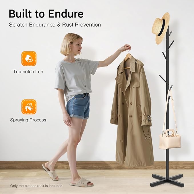 70"Coat Rack freestanding Stand Bamboo Wooden with 7 Hooks, Tree Standing Coat Jackets Hanger Easy Assembly Hallway Mounted Corner Parlor Office Floor Stand for Clothes Nature (Style 2., Black)