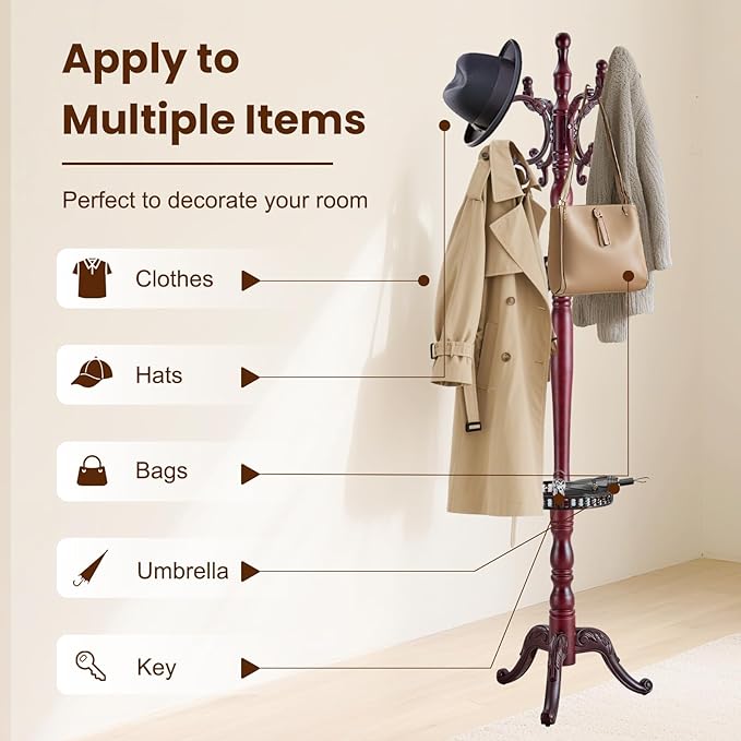 Freestanding Coat Rack with 11 Hooks, Sturdy Wooden Hall Tree for Entryway, Heavy-Duty Tri-Legged Base for Hats, Jackets, Bags, Easy Assembly for Bedroom, Hallway, Office