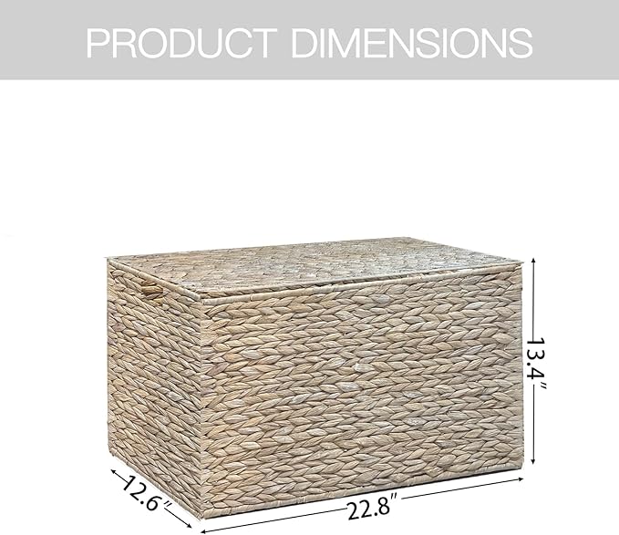 Water Hyacinth Storage Basket with Lid, 17.2 Gallon (65L) Wicker Storage Trunk with Handles, Handwoven Wicker Storage Bin for Blanket, Foldable, for Living Room, Laundry Room, White