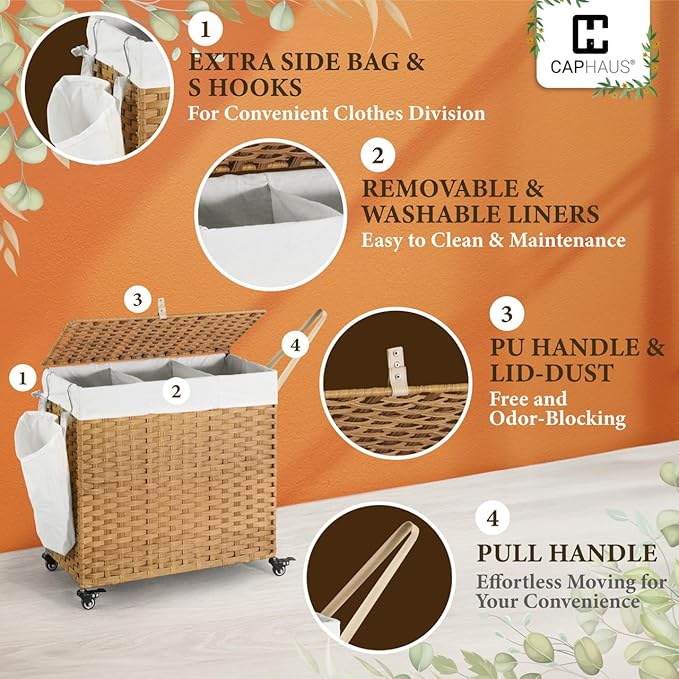 CAPHAUS Handwoven Basket w/Lid for Storage, Synthetic Rattan Laundry Hamper w/Wheels, Clothes Hamper for Laundry, Laundry Basket w/Lid, Removable Liner Bags, Mesh Bags, Pulling Strap, 140L, Grey