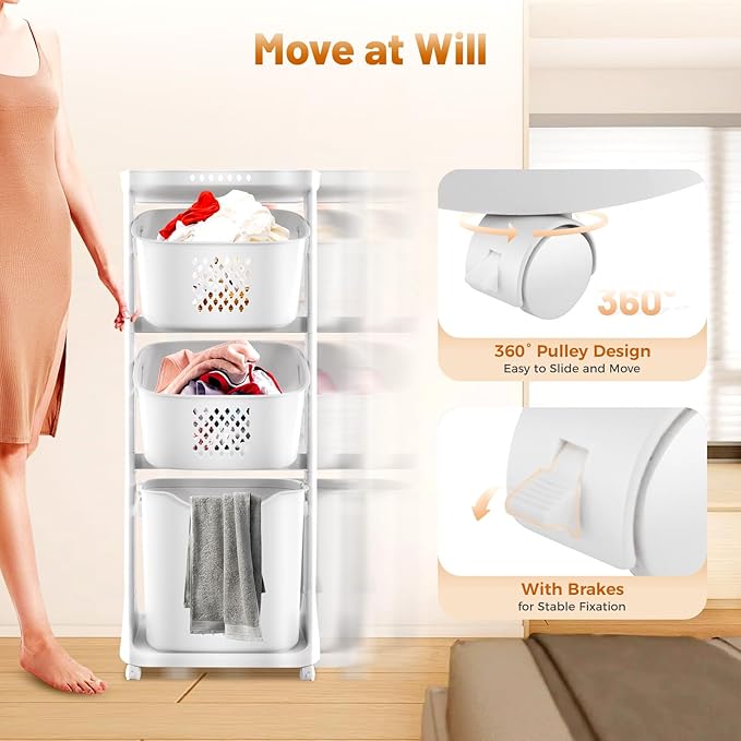 Laundry Basket 3 Tier with Wheels Stackable Clothes Hamper Organizer Laundry Basket Organizer with Removable Baskets for Bathroom, Laundry Room, Dormitory