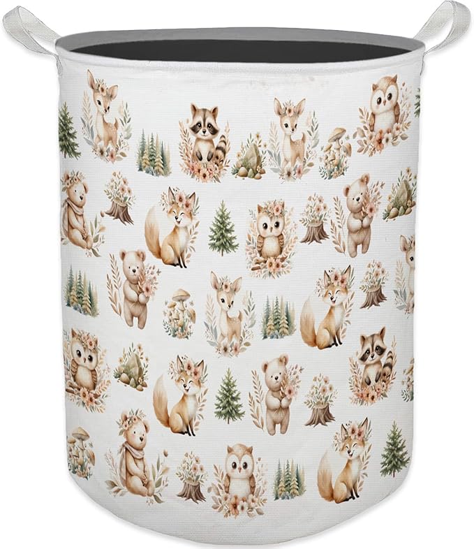 Kids Nursery Laundry Basket, Toybox for Girls Boys, Cute Boho Woodland Animals Laundry Hamper Waterproof Collapsible Storage Bin Organizer for Bedroom Bathroom Kids Toddler Room Clothes Toys