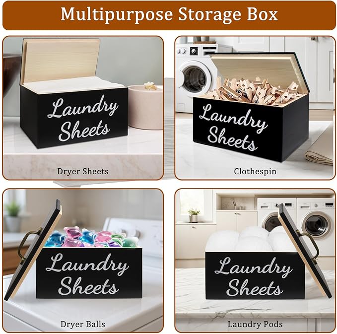 Wooden Laundry Dryer Sheet Holder, Dryer Sheet Dispenser with Lid for Laundry Room Organization, laundry dryer sheet box, Fabric Softener Laundry Beads Dispenser (Black)