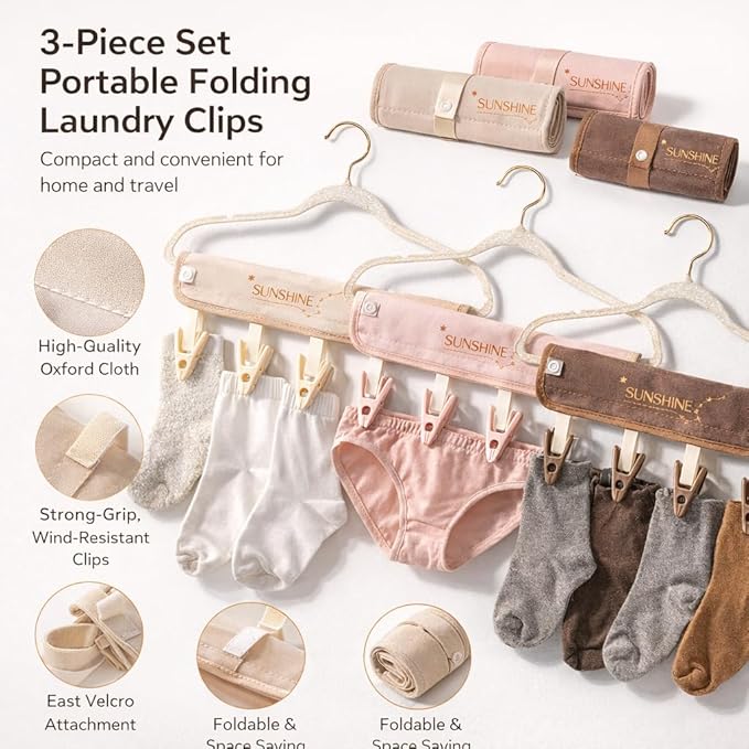 FOLAI 3-Pack Portable Fabric Products Travel Hangers Foldable Suitcase Clothespin Small Clothes pin Rack with 6 Clips（Starry Sky Design）