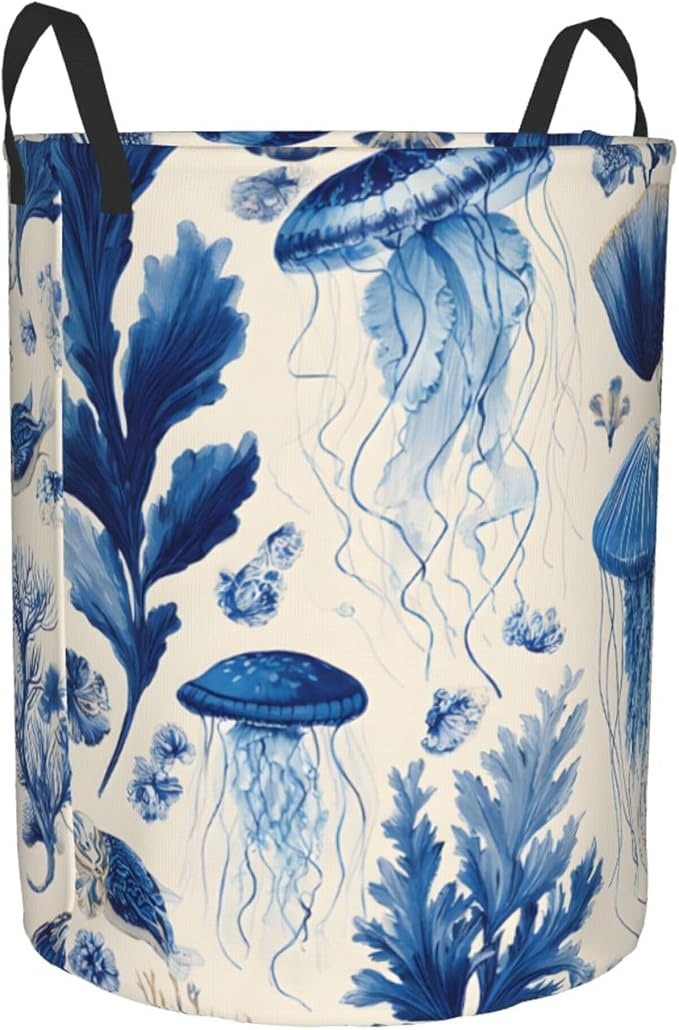 Blue Jellyfish Pattern Laundry Hamper, Collapsible Storage Basket with Handles for Clothes, Bedroom, Bathroom 19.6 x15.7 Inch