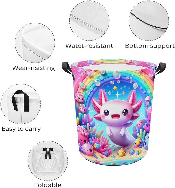 Cute Axolotl Rainbow Laundry Hamper Underwater Coral Hampers for Laundry Dirty Clothes Basket Organizer Room Decor