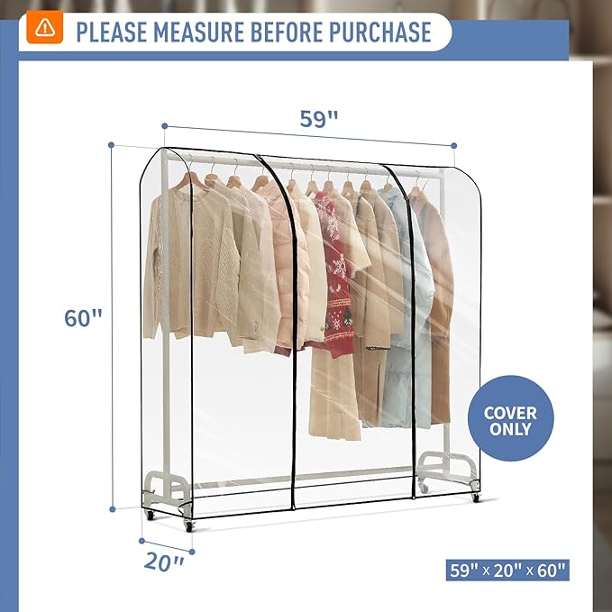 Clear Garment Rack Cover 59" L x 20" W x 60" H, Clothes Rack Cover with Reinforced Double Zippers, Waterproof PEVA Dustproof Protection – Cover Only, Rack Not Included