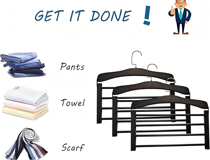 Wooden Pant Hanger Space Saving - 4 Tier Closet Storage Hanger Organizer for Jeans Legging Scarves Pants Towels, 3 Packs, Black