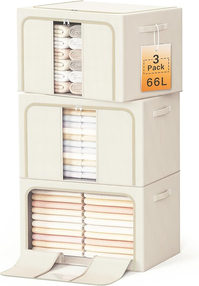 Clothes Storage Bins with Metal Frame Foldable Storage Box Clothes Organizers Storage Containers for Clothes Sheets Blankets Books Toys Gifts and Holiday Decorations (66Lx3 Pack) Beige