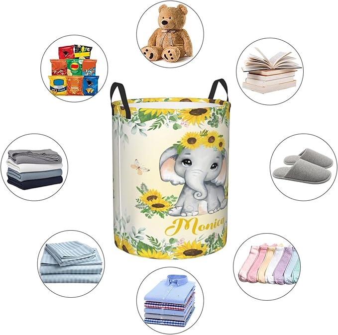 Personalized Elephant Laundry Basket For Baby Kids Boys Girls Adult Custom Hamper Basket With Name For Bathroom Bedrooms Collapsible Baby Laundry Basket, Dirty Clothes Hamper With Handles