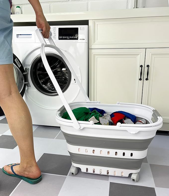 SAMMART 35L (9.24 Gallons) Collapsible Plastic Laundry Basket with Handle and Wheels - Foldable Pop Up Storage Container/Organizer with handle and wheels - Space Saving (1, White/Grey)