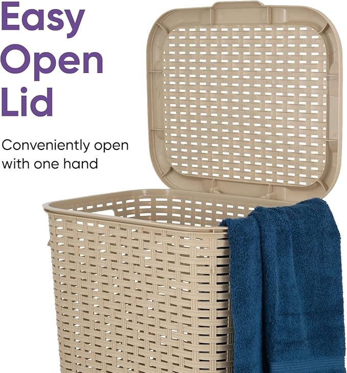 Superio Laundry Hamper Basket With Easy Open Lid 60 Liter Beige, Large Wicker Hamper, Dirty Cloths Storage With Two Cutout Handles, Laundry Room Bin