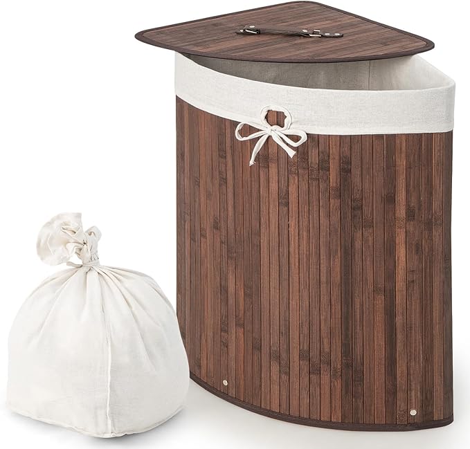 Giantex Corner Laundry Hamper with Lid, 58 L Bamboo Laundry Basket with Removable Liner & Handle, Triangle Clothes Hamper for Small Spaces, Bedroom, Bathroom, Laundry & Living Room (Brown)