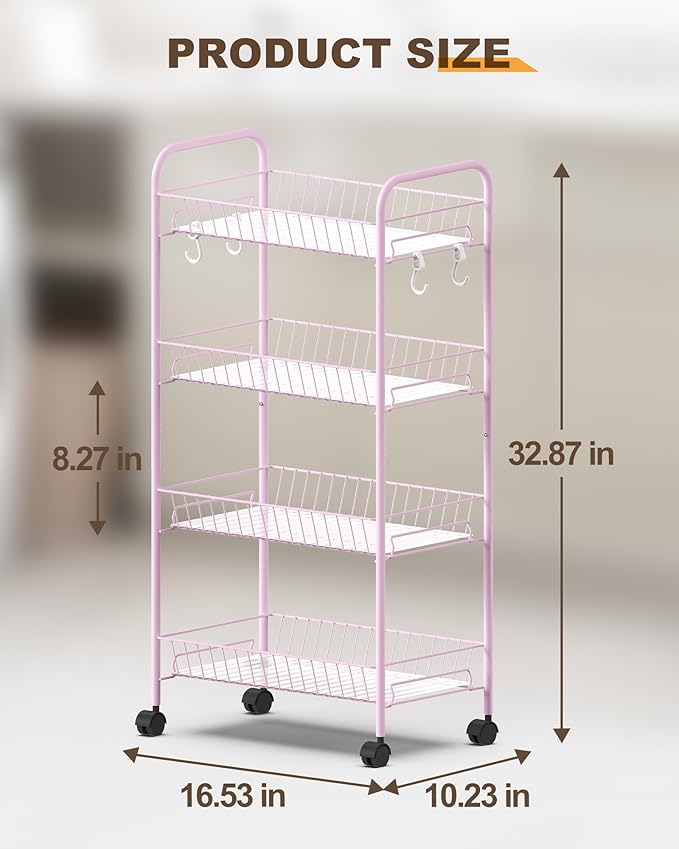 Mythinglogic 4-Tier Rolling Cart with 360° Wheels, Snack Cart, Removable Wire Baskets, Metal Utility Storage Cart for Kitchen, Bathroom, Laundry Room, Office