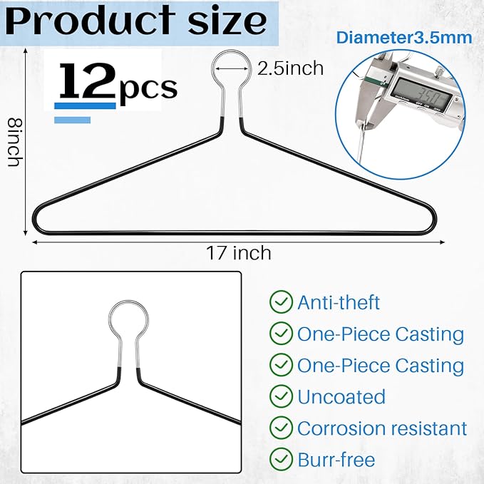 Leinuosen 12 Pack Anti-Theft Security Hangers 17 Inch Heavy Duty Chrome Metal Hanger Closed Loop Suit Hook Suitable for Suits Coat Jacket for Hotels Retail Rvs Stores Gyms (Black,Rubber Coating)