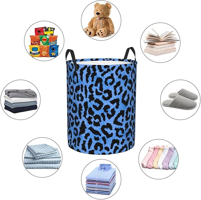 Blue Leopard Round Laundry Hamper Storage Basket Toys Clothes Organizer Bin For Home Bathroom Bedroom Dorm Nursery, 62l