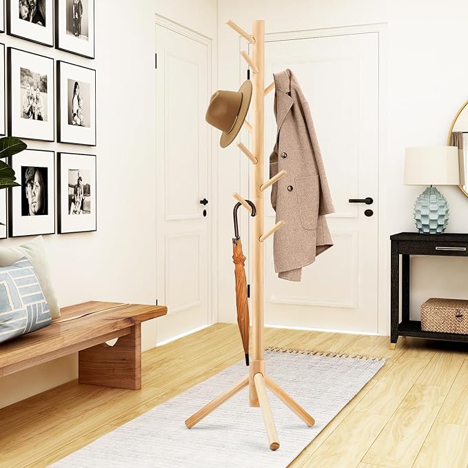 Coat Rack, Freestanding Coat Rack with 8 Hooks and 3 Adjustable Size Tree Coat Racks for Bedroom, Hallway, Entrance, Office, for Hats, Coats, Scarves, Handbags