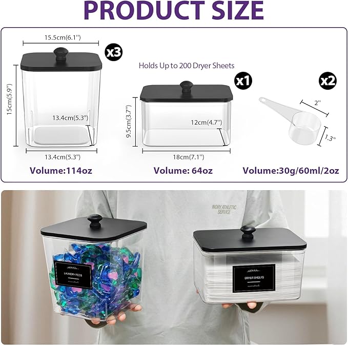 3+1 Pack Clear Laundry Pods Container & Dryer Sheet Holder, Plastic Square Laundry Room Organization and Storage Jars with Black Lids, Scoops & Labels for Detergent, Powder, Dryer Balls