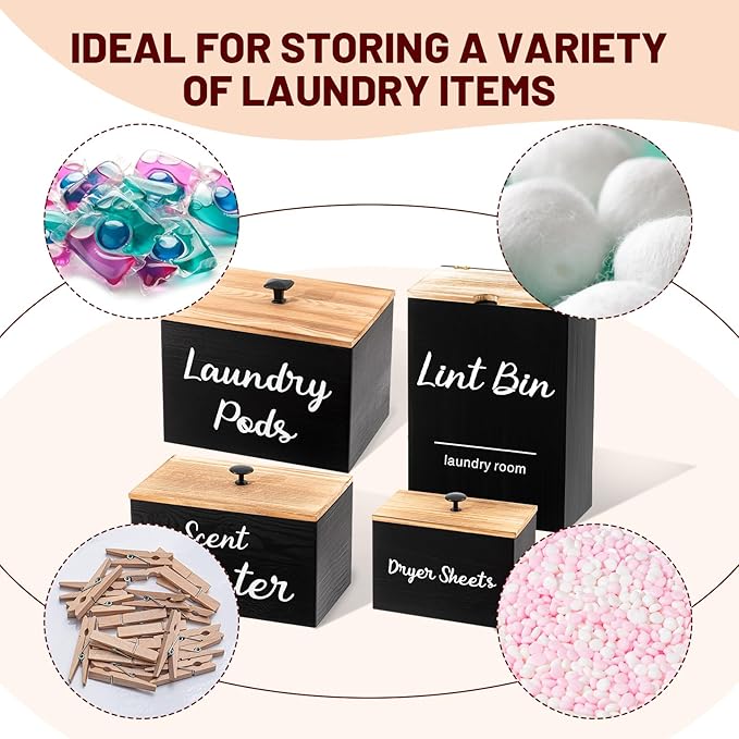 Dandat 4 Pcs Laundry Room Organization and Storage, Dryer Sheet Holder Laundry Pod Holder Scent Booster Container Magnetic Lint Bin with Scoop and Brush Wood Farmhouse Room Container(Black)