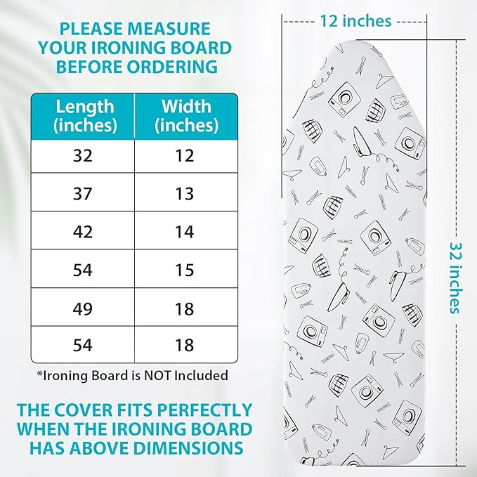 Seiritex Extra Wide Ironing Board Cover and Pad 18 x 54 inch Heat Reflective with Hook and Loop Fasteners, Thick Padding with Elasticized Edges, 3 Layers Iron Board Cover (White)