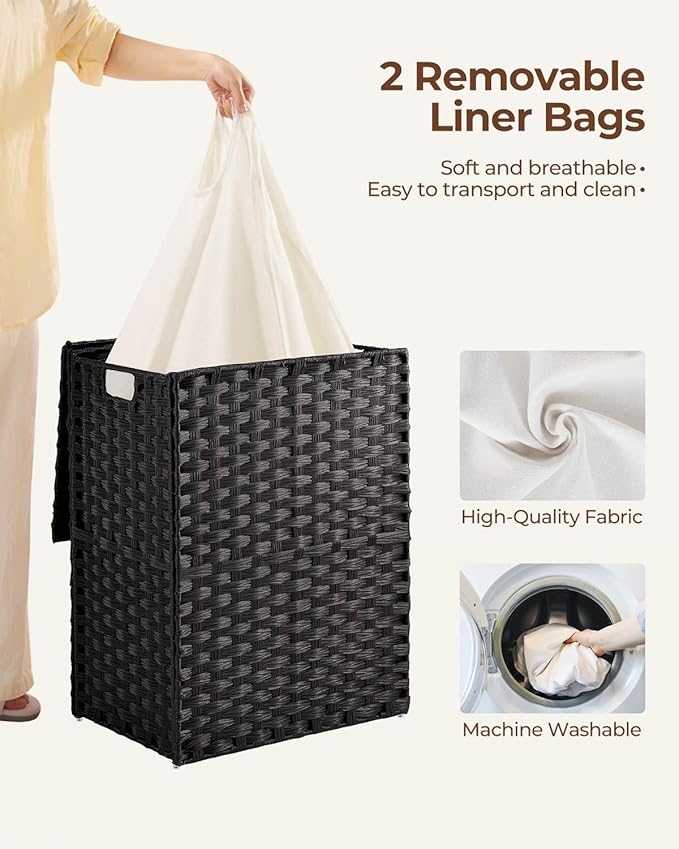 Greenstell Laundry Hamper with 2 Removable Liner Bags, Foldable Divided Clothes Hamper, 90L Handwoven Synthetic Rattan Laundry Basket with Lid and Handles, Easy to Install Black 18.3x13.3x24 Inches