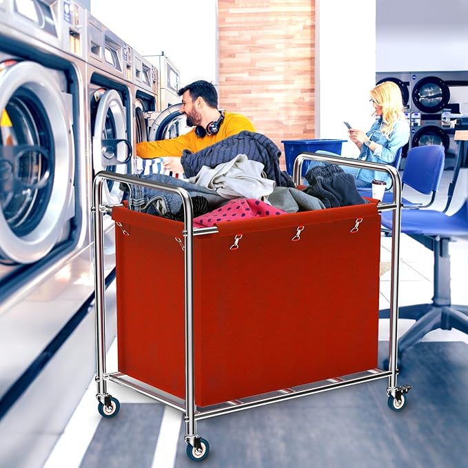 Commercial Laundry Cart with Wheels, 440 lbs Heavy Duty Industrial Laundry Cart with Sturdy Frame and Oxford Bag for Home Hotel Hospital, Rolling Laundry Cart for Home & Hotel, 400L(Red)